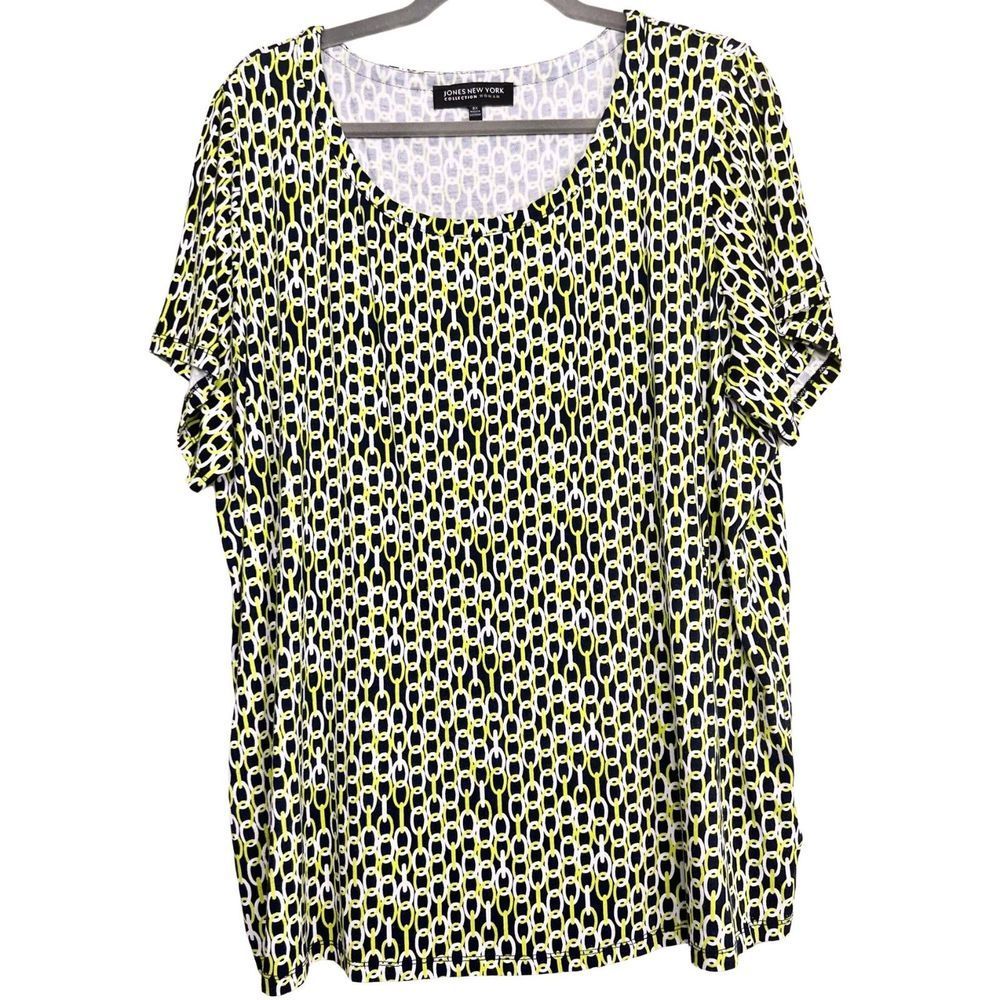 Jones New York GUC Black Lime Green Pattern T-Shirt Womens Plus Size 3X